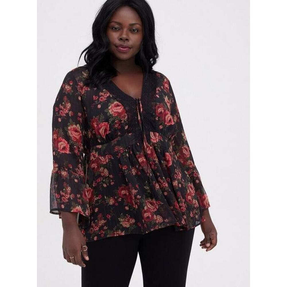 Torrid Womens Blouse Sz 5 5X 28 Babydoll‎ Chiffon Lurex Crochet Detail Lace Up